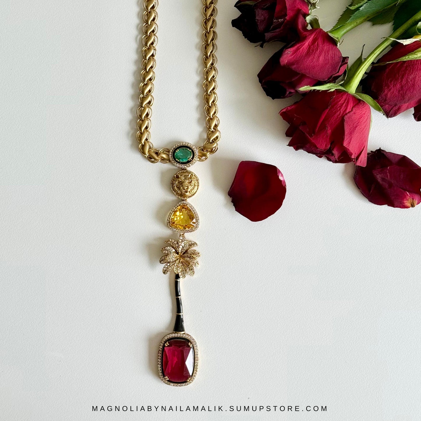 LANA Tiger and Palm Motif Designer Statement Necklace and Earrings Set in Green, Yellow and Red Stones 2 Variations