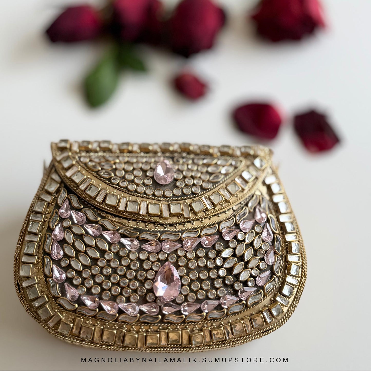 Luxury Kundan Clutch | Mini Embellished Minaudière Bag | Indian Wedding Purse | Pink & Green Evening Bag | Handcrafted Bridal Clutch |Ethnic