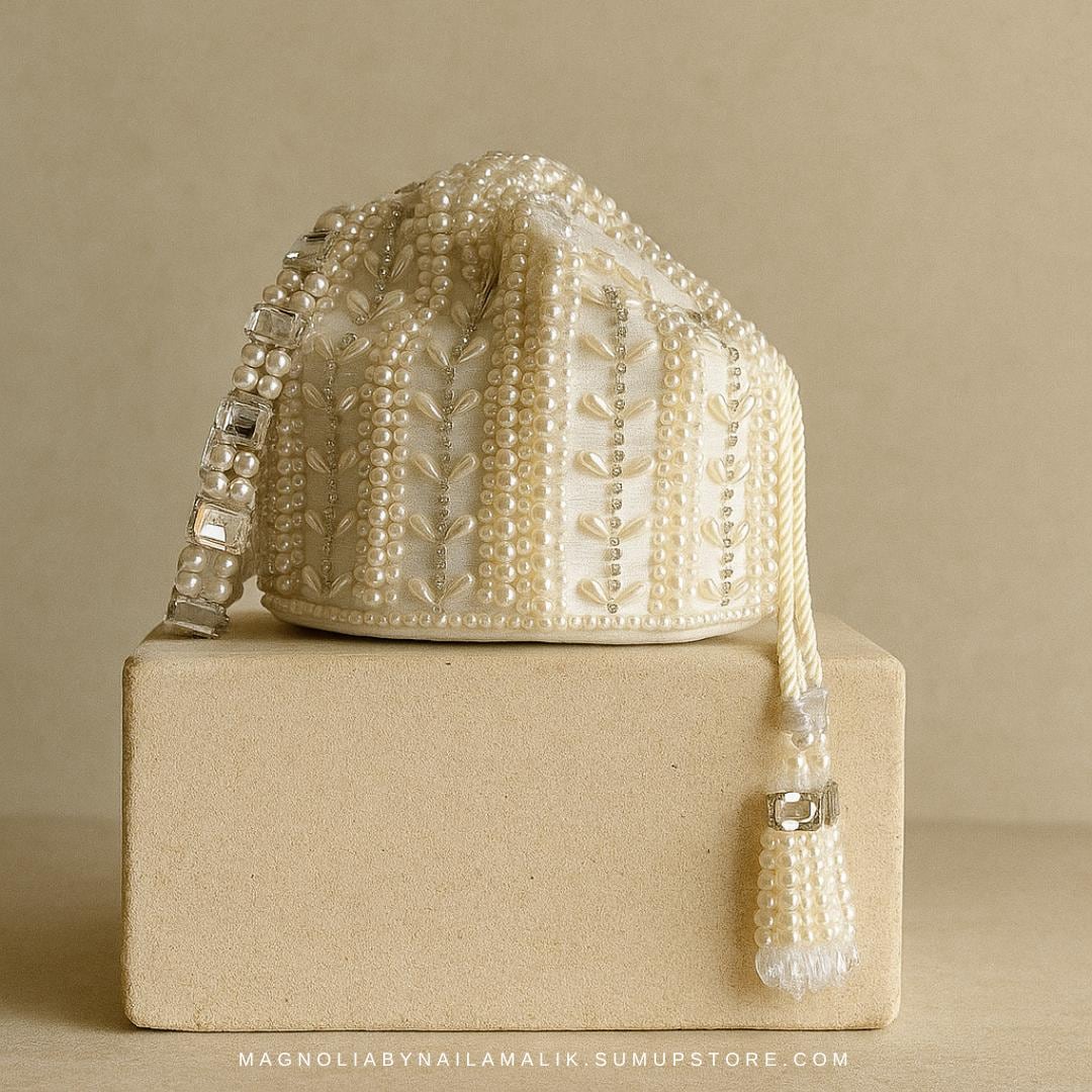 BIKANER | White Cream Potli bag with Bead Work and Crystal Handle | White Wedding Bridal Bag Pouch