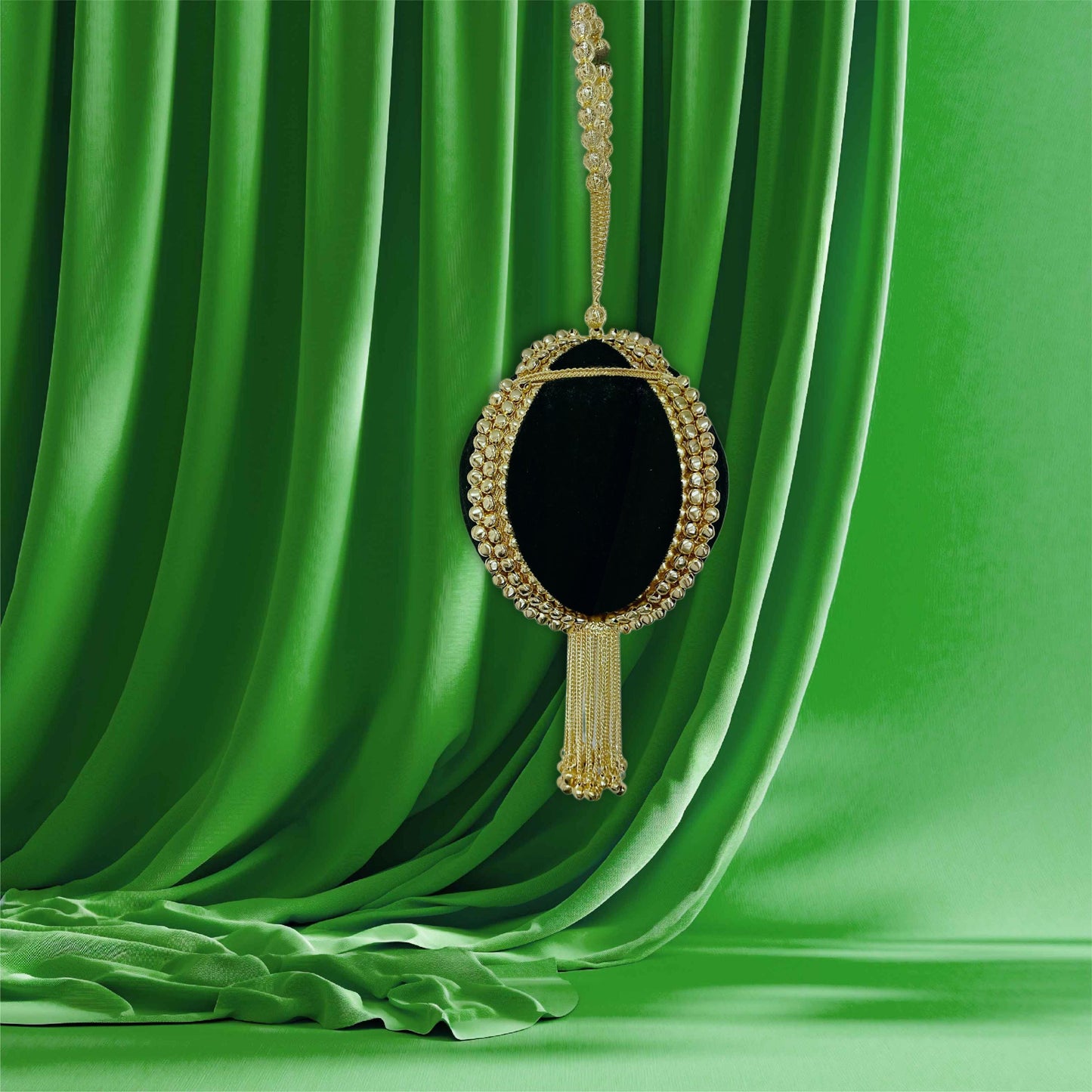 VIENNA | Velvet Black Brass Potli Bag Round Clutch Purse | Gold Hangings | Unique Statement Bag