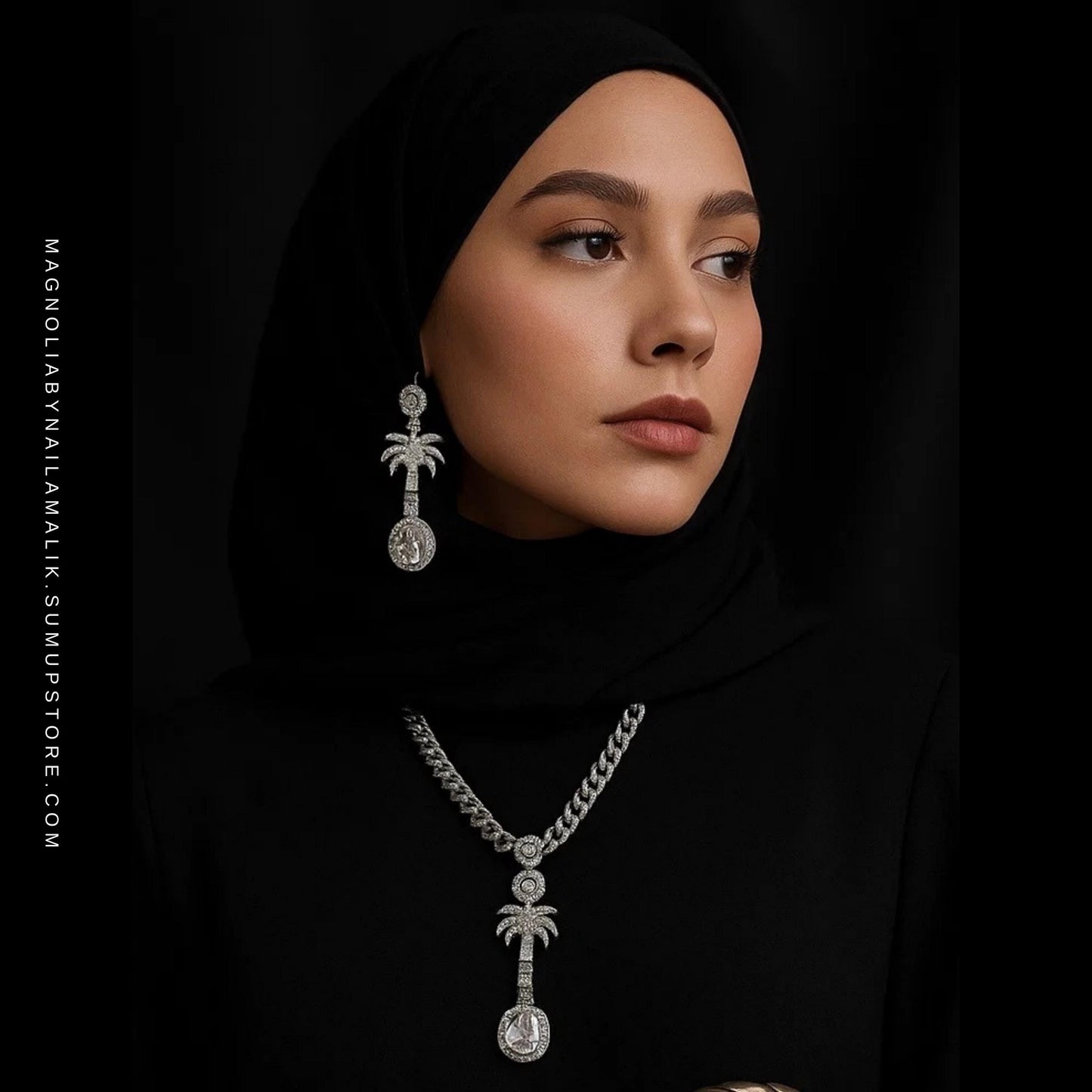 LARA Palm Tree Motif Designer Statement Necklace and Earrings Set in Silver