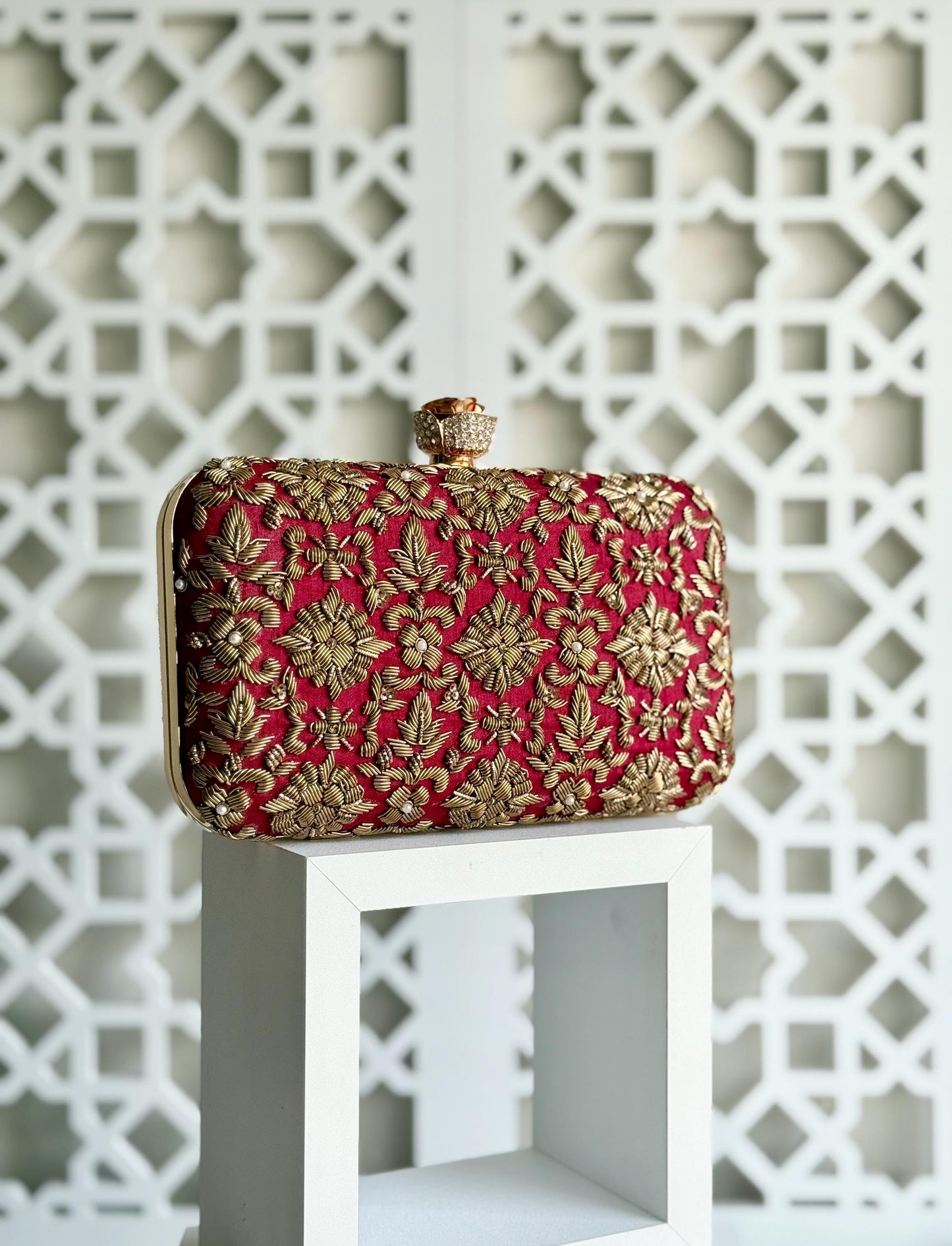 DELHI ~ Rose Clasp|
Dark Red Silk Clutch | Antique Gold Dabka Work | Handcrafted Bridal Evening Bag