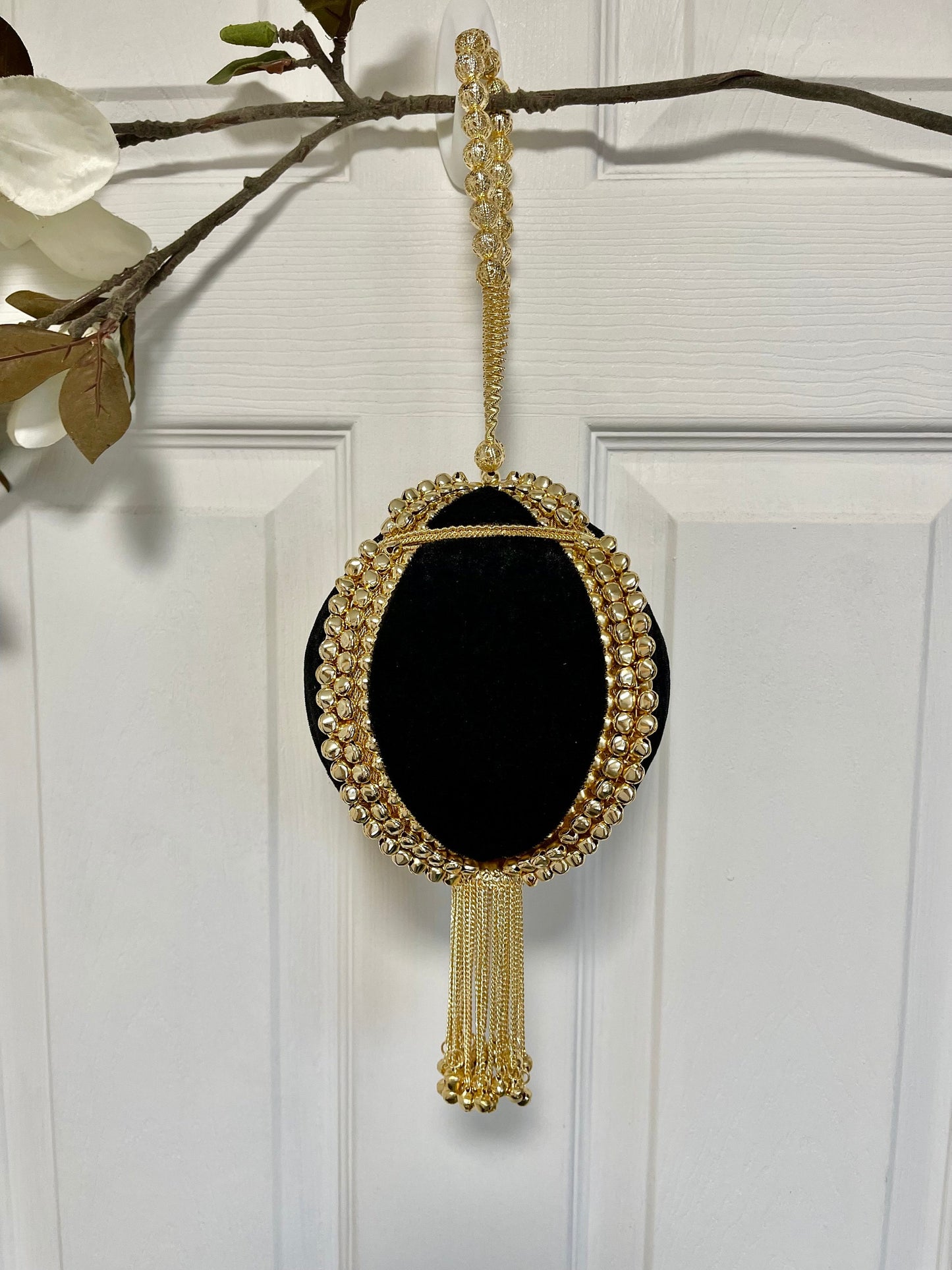 VIENNA | Velvet Black Brass Potli Bag Round Clutch Purse | Gold Hangings | Unique Statement Bag