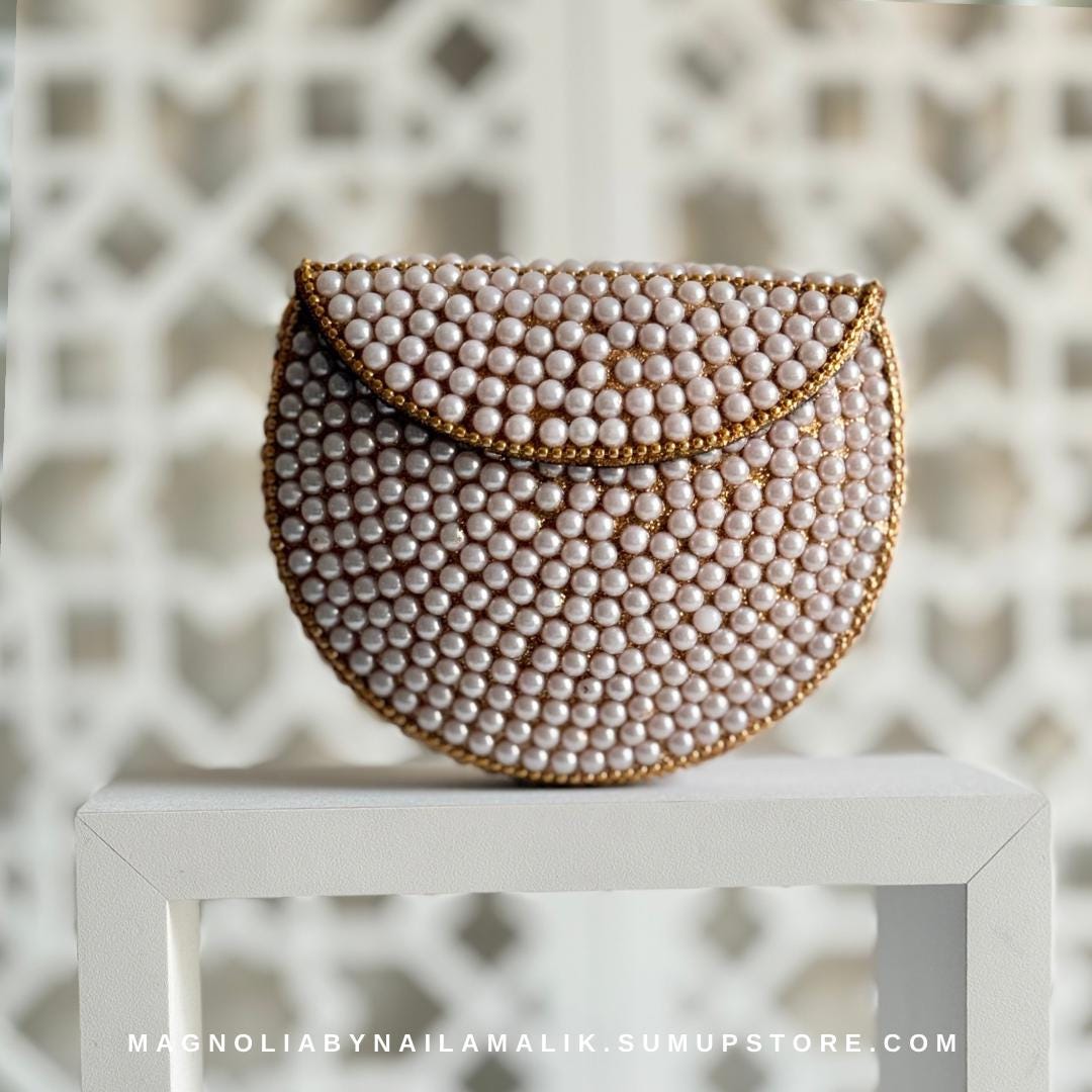 MUTTRAH SOUQ | Pearl Work Mini Minaudiere Cabochon Clutch Purse Formal Event Party Accessories Fashion Bag | Birthday Gift