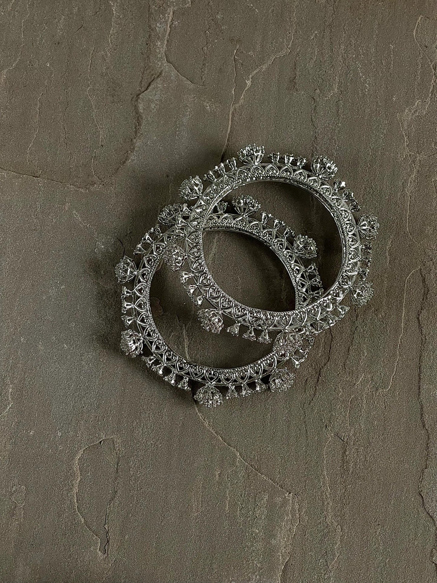 Oxidized Silver Bangles Pair: Intricate Filigree Kara Chori, Size 2.6