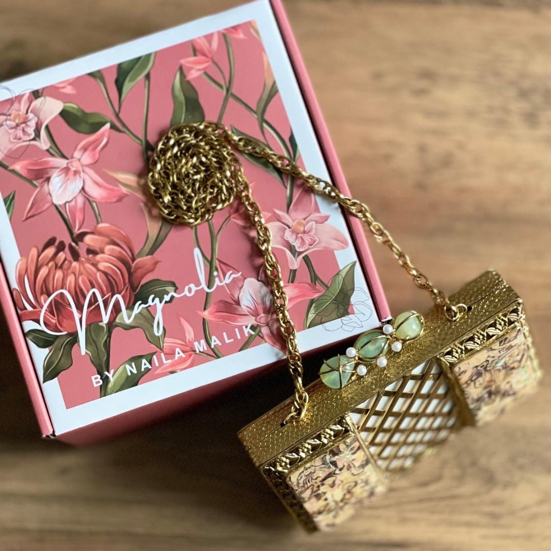 DUBAI | Intricate Gold Evening Clutch: MOP Iridescent Purse