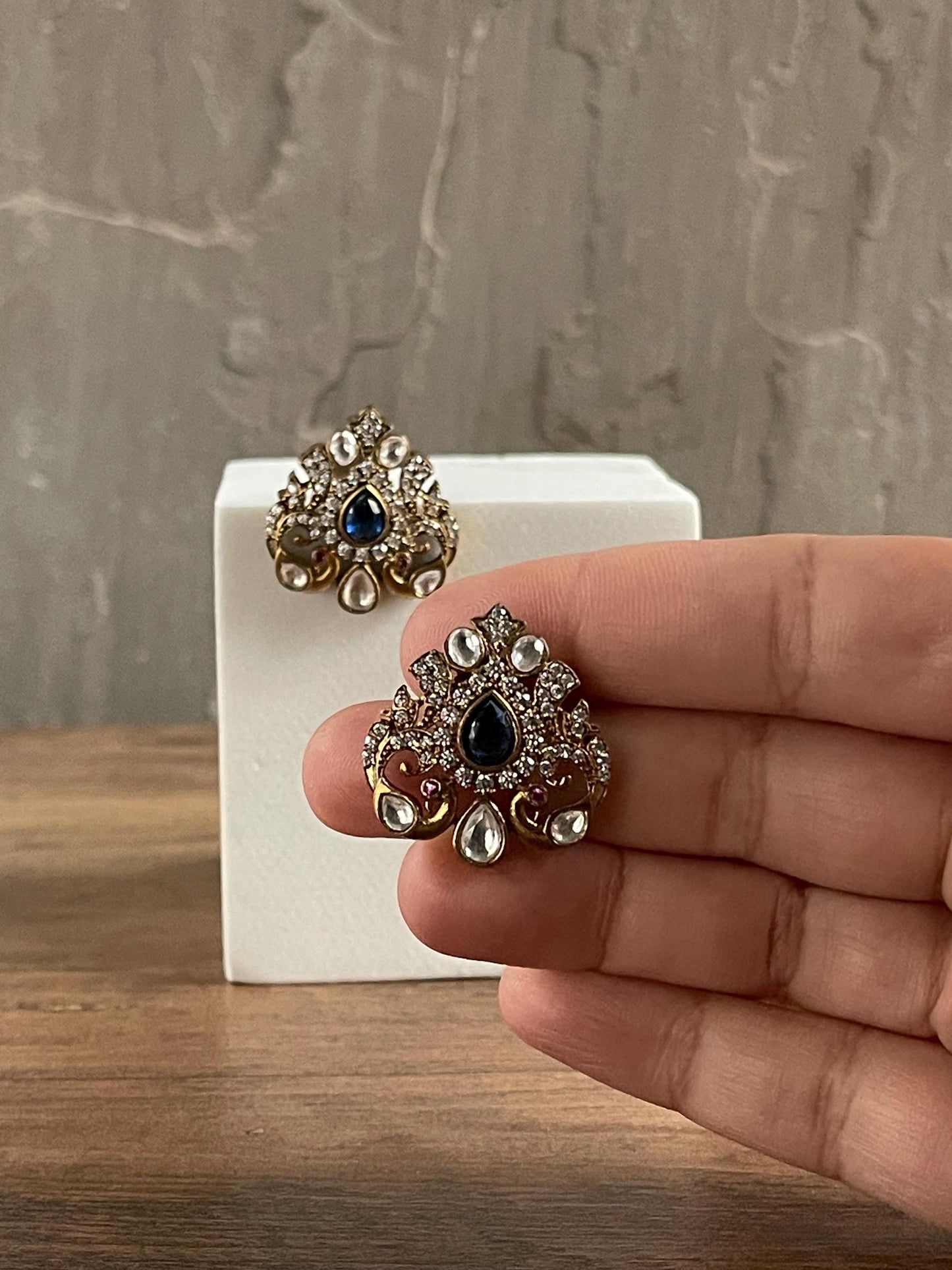 KEEYA | Blue and Antique Gold Oversized Stud Earrings: Keeya Statement Jewelry | Birthday Gift