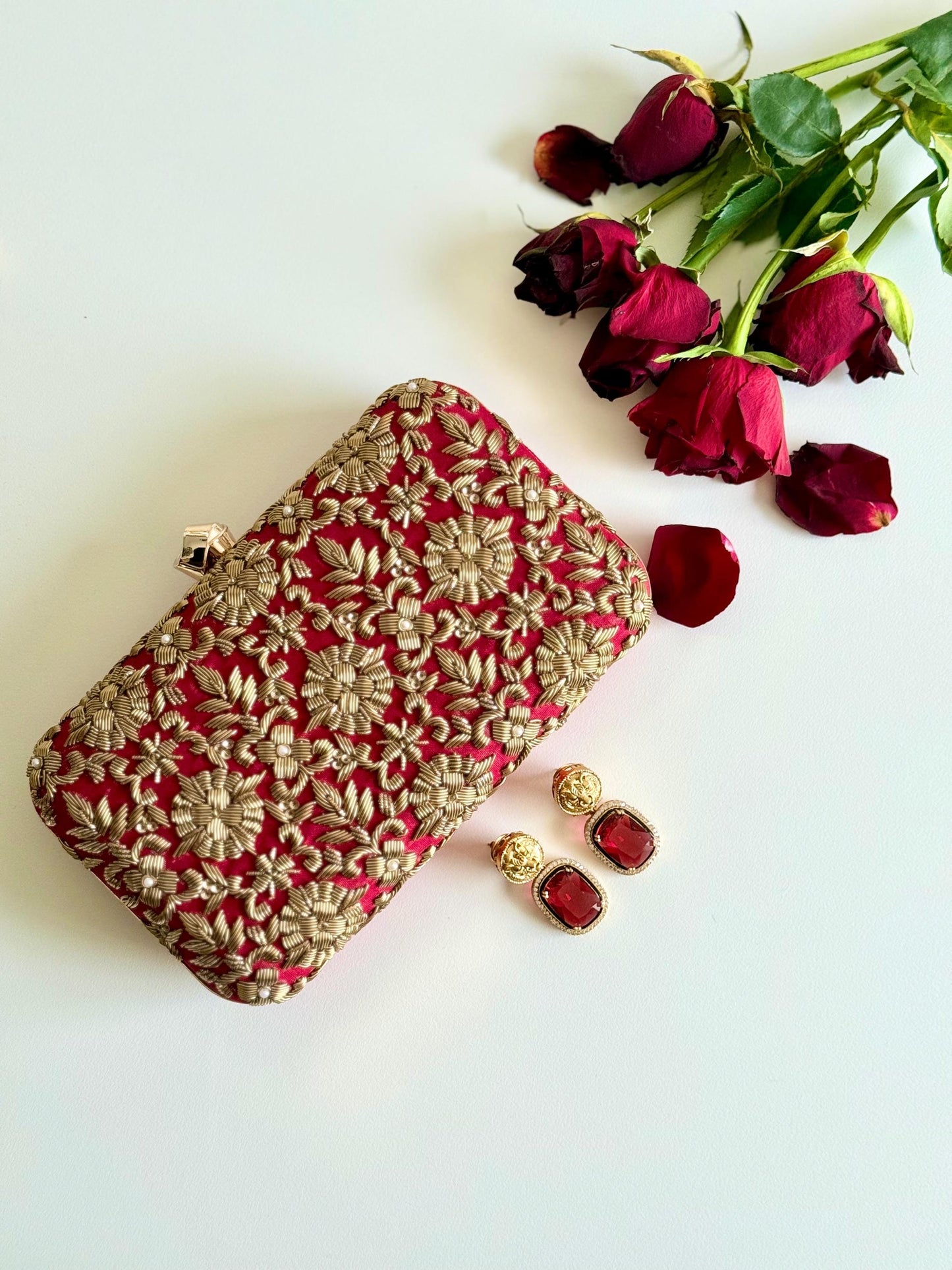 DELHI Knot Clasp |Dark Red Silk Clutch | Antique Gold Dabka Work | Handcrafted Bridal Evening Bag