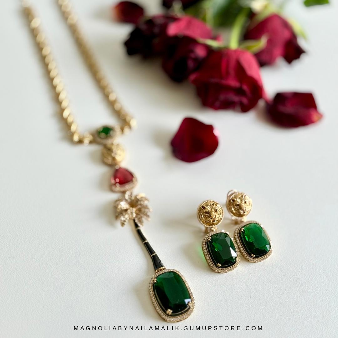 LANA Tiger and Palm Motif Designer Statement Necklace and Earrings Set in Green, Yellow and Red Stones 2 Variations