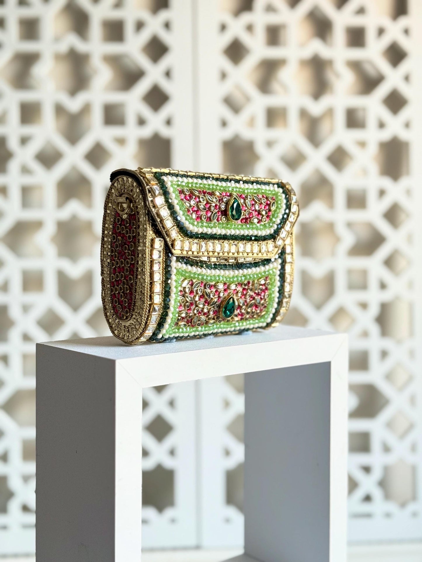 SOUQ WAQIF | Pink & Green Evening Bag | Kundan Clutch | Mini Embellished Minaudière Bag | Indian Wedding Purse | Handcrafted Bridal Clutch