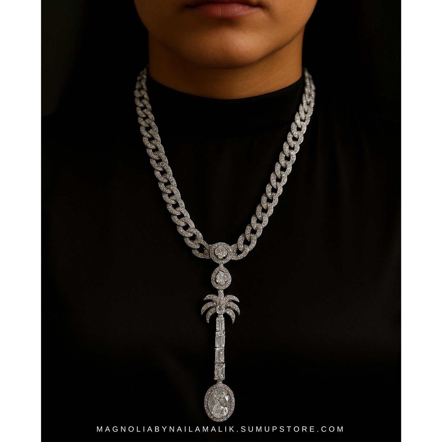 LARA Palm Tree Motif Designer Statement Necklace and Earrings Set in Silver