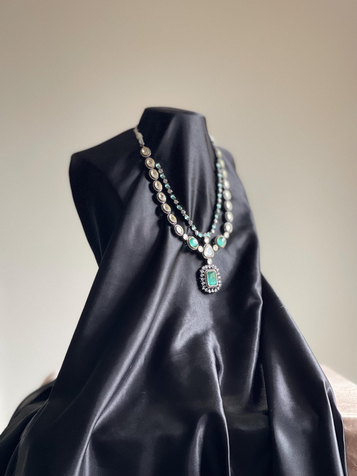 AFSANEY | Polki Silver and Turquoise CZ Indian Modern Jewelry Set with Earrings