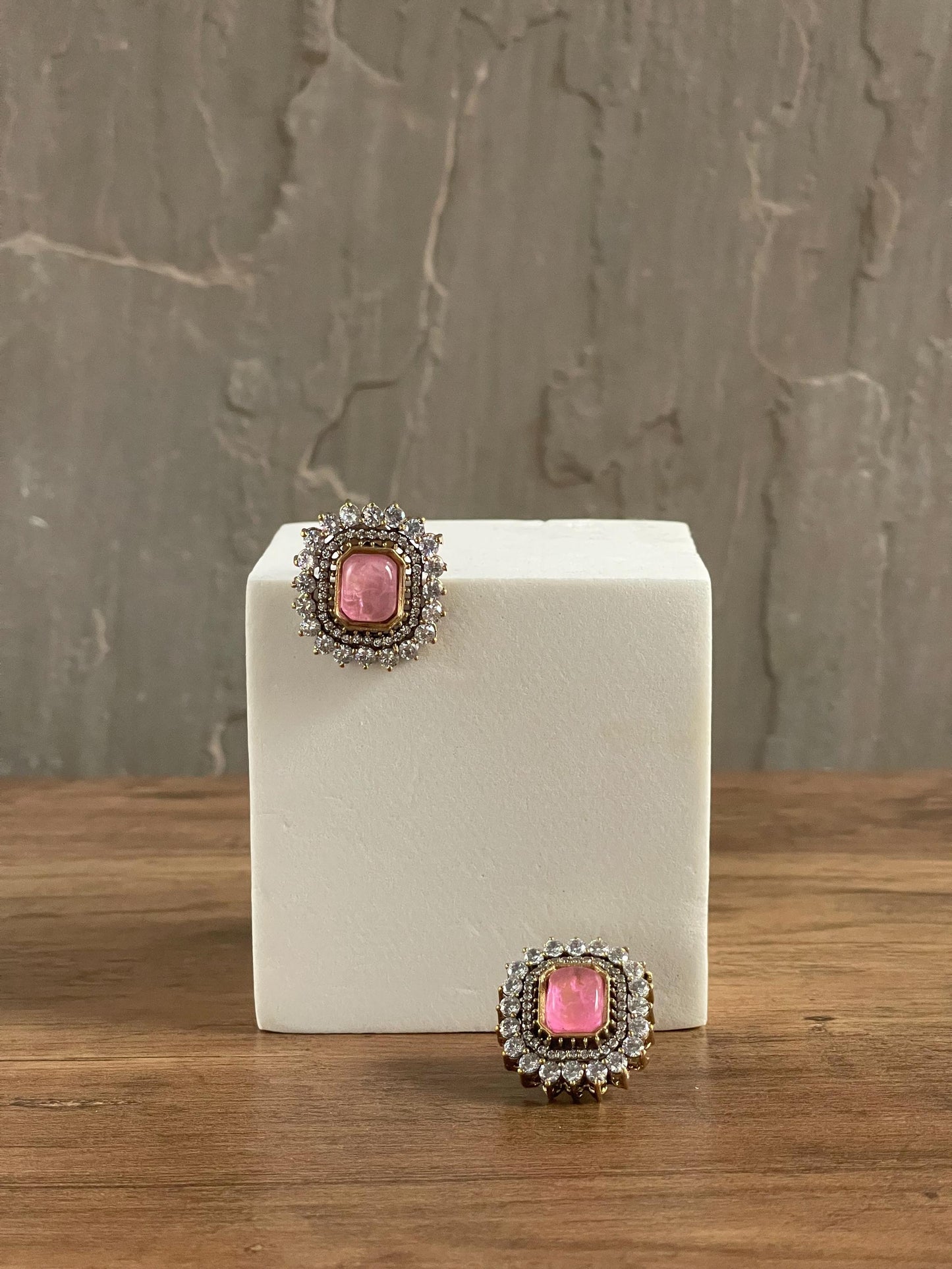 AMY |Pink Statement Stud Earrings: Gold-Plated Brass, CZ Halo