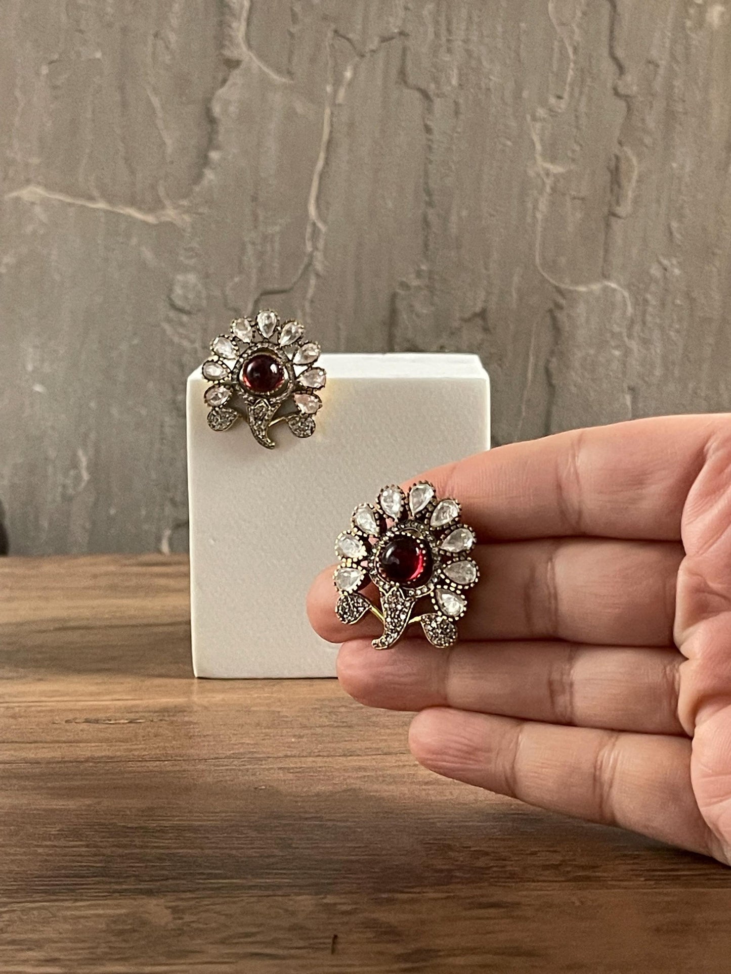 GLORIA | Polki Floral Statement Studs: Crystal & Antique Gold, Red/Pink/Green