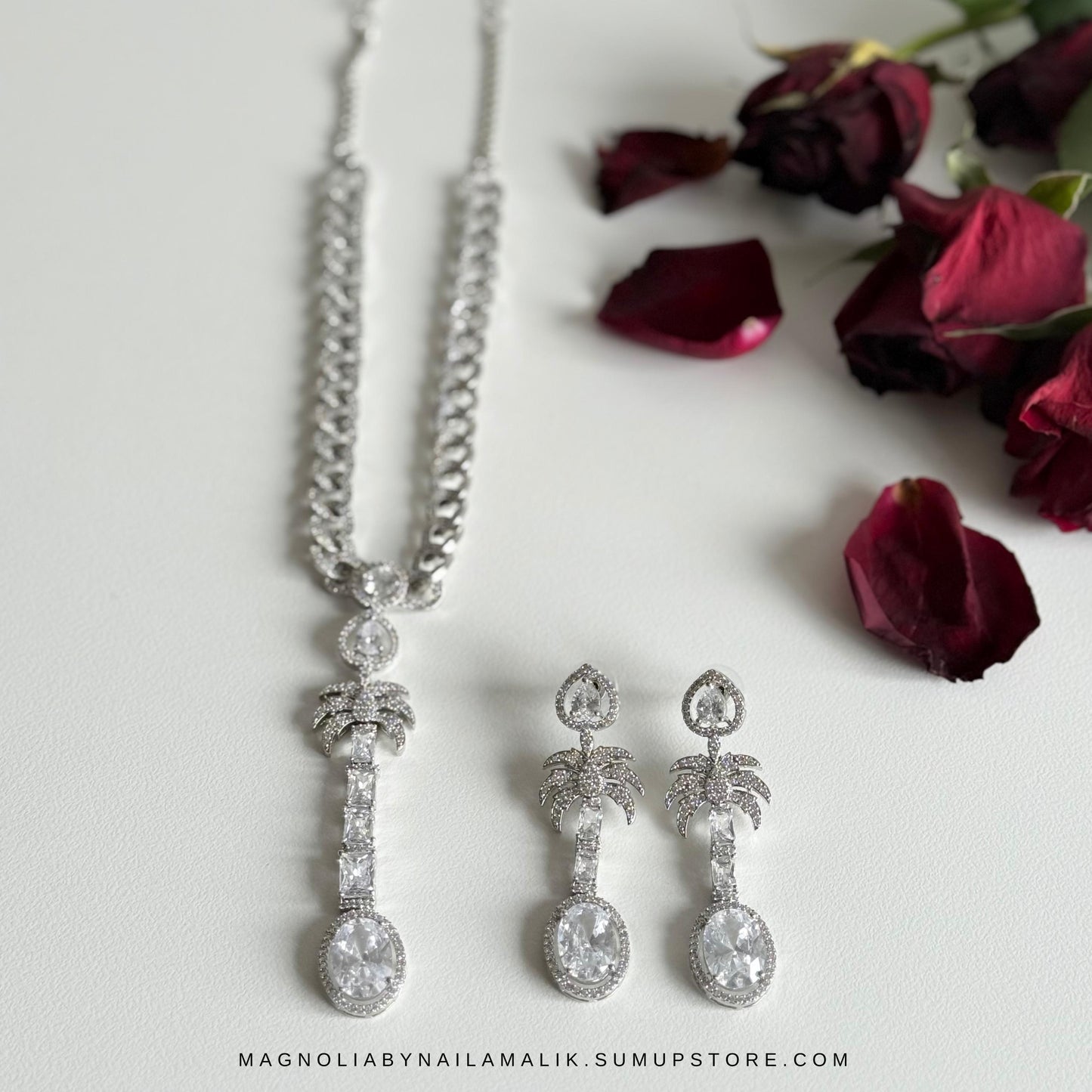 LARA Palm Tree Motif Designer Statement Necklace and Earrings Set in Silver