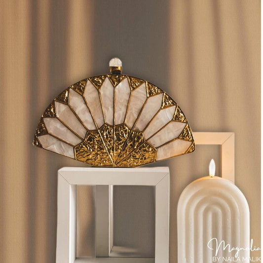 BRISTOL | Fan Shaped MOP Gold White Evening Purse