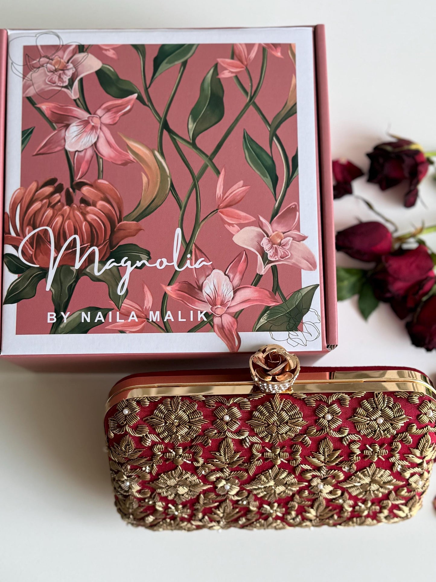 DELHI ~ Rose Clasp|
Dark Red Silk Clutch | Antique Gold Dabka Work | Handcrafted Bridal Evening Bag