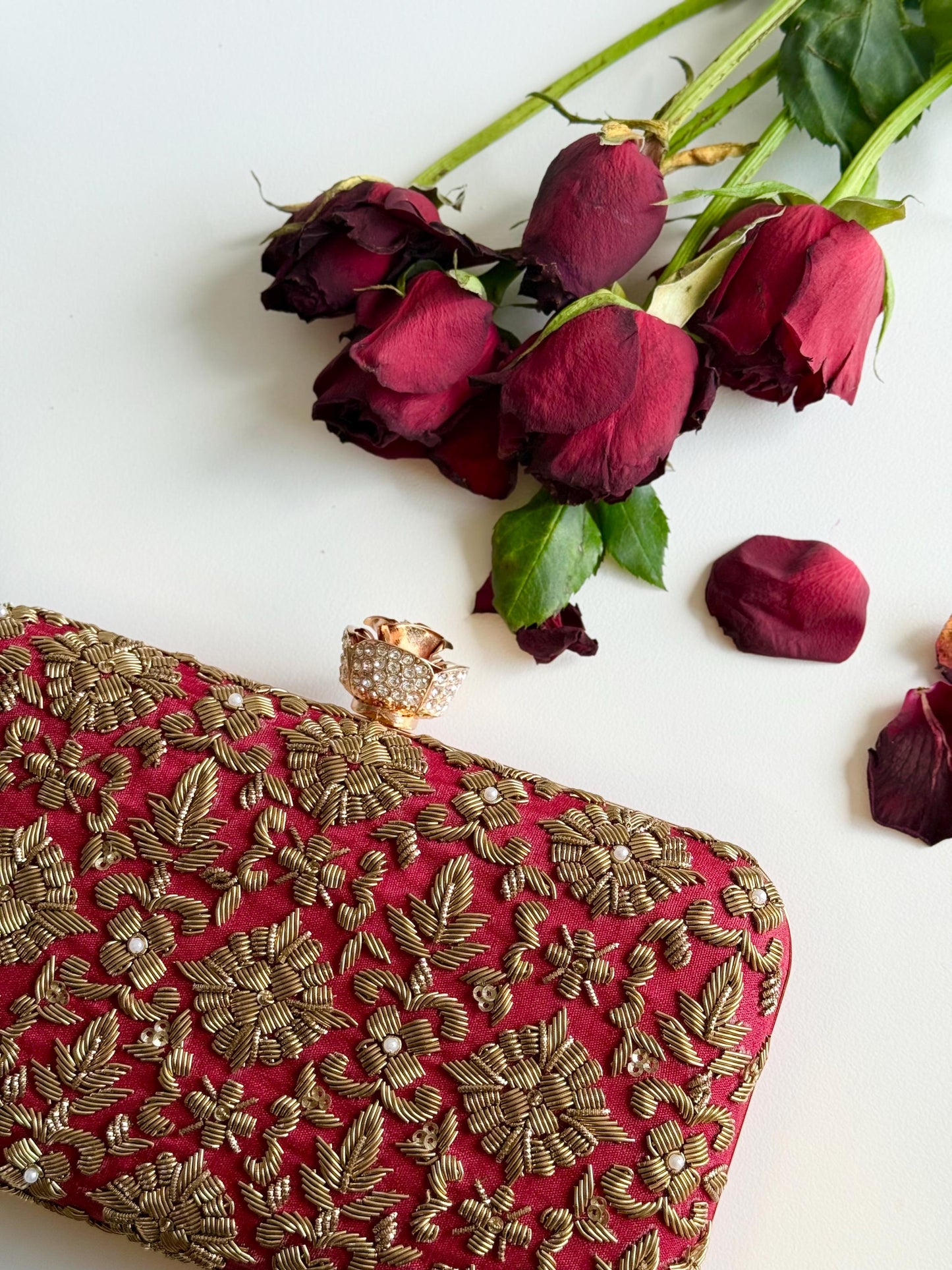 DELHI ~ Rose Clasp|
Dark Red Silk Clutch | Antique Gold Dabka Work | Handcrafted Bridal Evening Bag