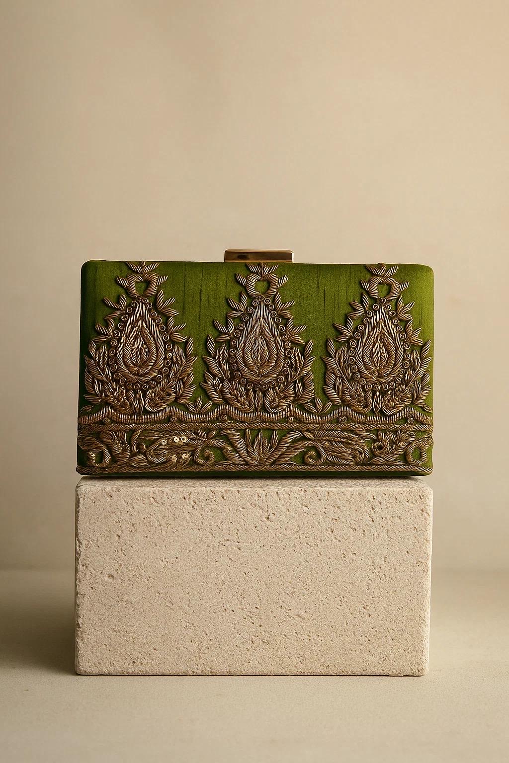 AMARNA | Hand Embellished Olive Green Clutch | Zardozi Dabka Embroidery | Paisley Wedding Clutch | Festive Bridal Purse | Traditional Evening Bag