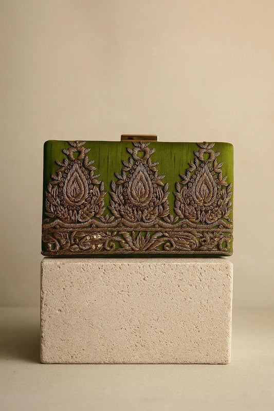 AMARNA | Hand Embellished Olive Green Clutch | Zardozi Dabka Embroidery | Paisley Wedding Clutch | Festive Bridal Purse | Traditional Evening Bag