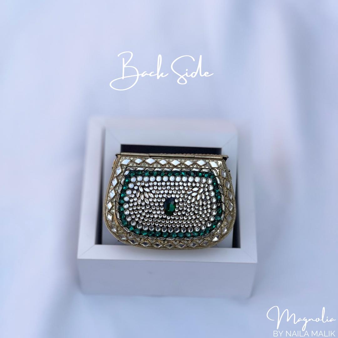 SHIRAZ | Luxury Kundan Clutch | Mini Embellished Minaudière Bag | Indian Wedding Purse | Gold & Green Evening Bag | Handcrafted Bridal Clutch |Ethnic
