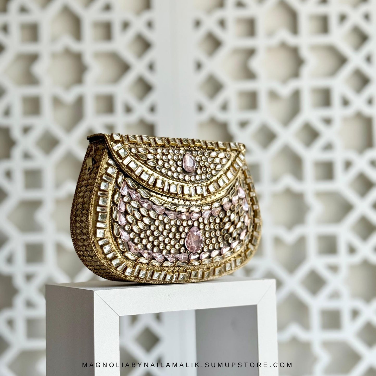 Luxury Kundan Clutch | Mini Embellished Minaudière Bag | Indian Wedding Purse | Pink & Green Evening Bag | Handcrafted Bridal Clutch |Ethnic