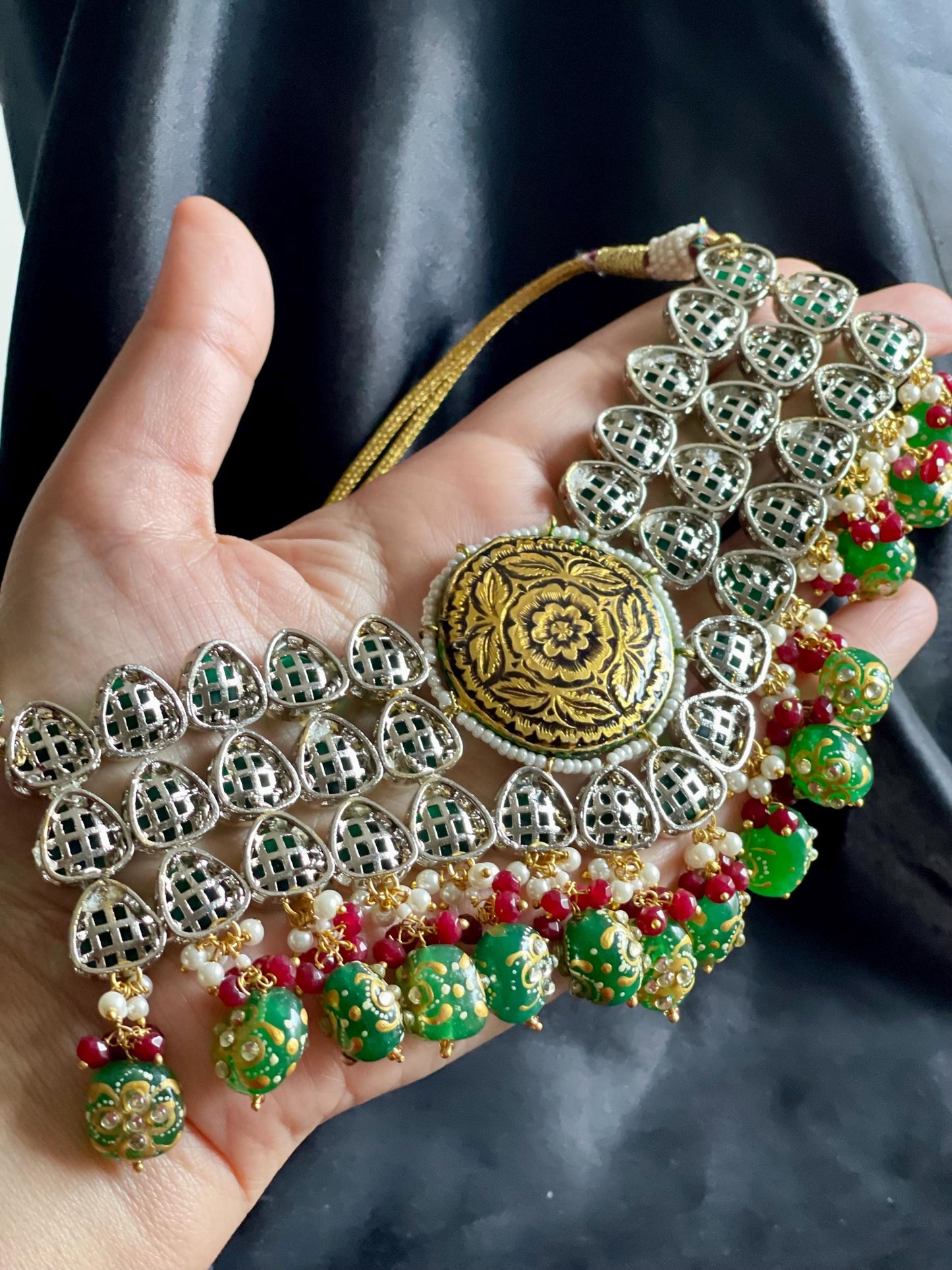 BASANTI | Kundan choker and earrings set traditional green and gold polki jewellery statement pieces gift for her