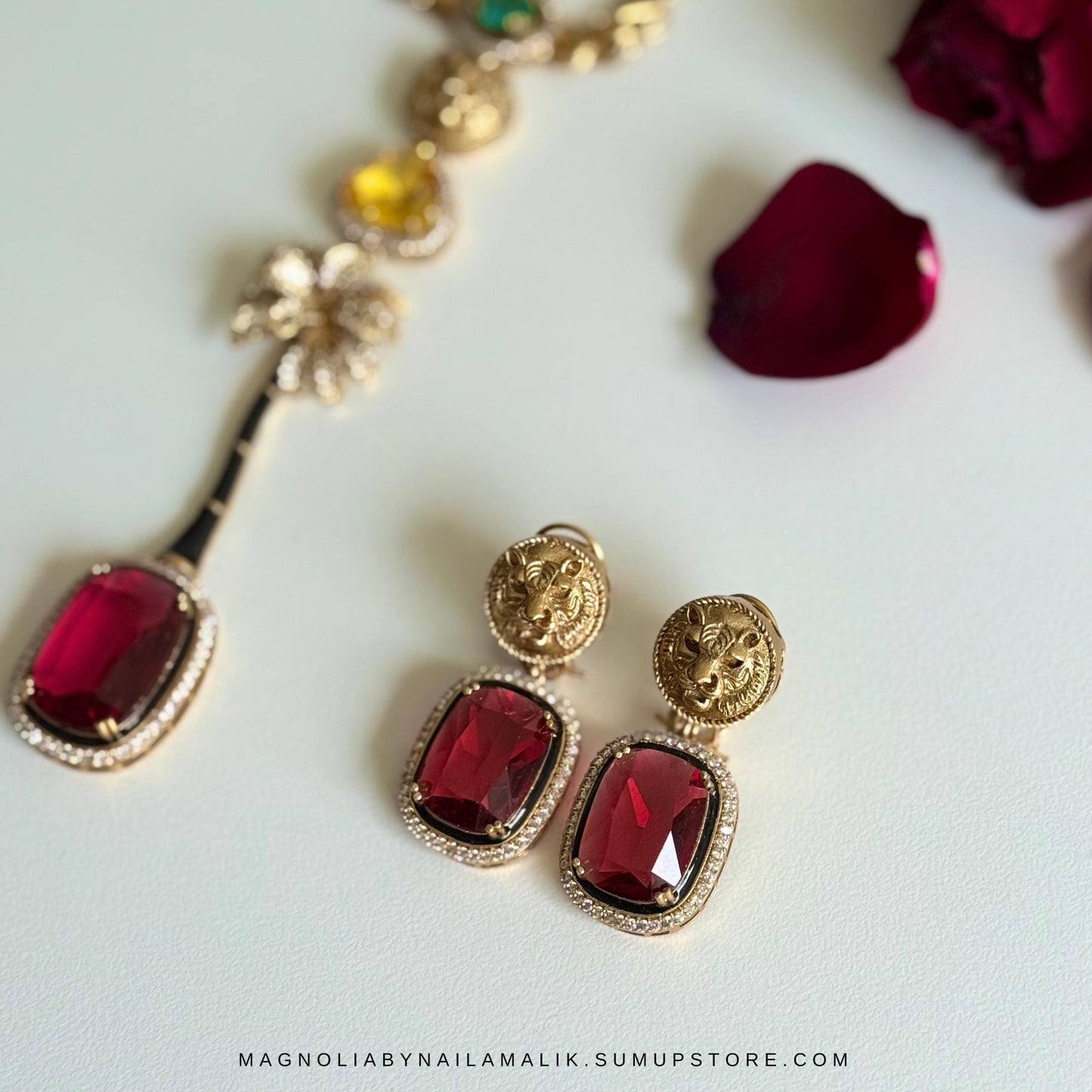 LANA Tiger and Palm Motif Designer Statement Necklace and Earrings Set in Green, Yellow and Red Stones 2 Variations