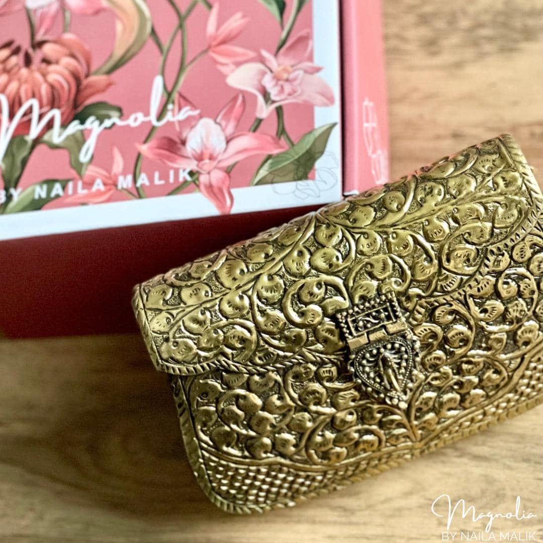 KOLKATA | Vintage Gold Clutch Bag Antique Touch Statement Bridal Trendy Ethnic Unique