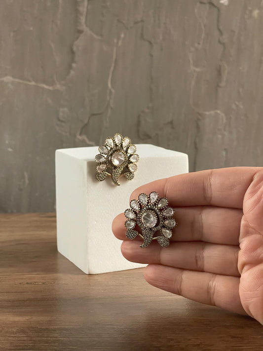 GLORIA | Polki Floral Statement Studs: Crystal & Antique Gold, Red/Pink/Green