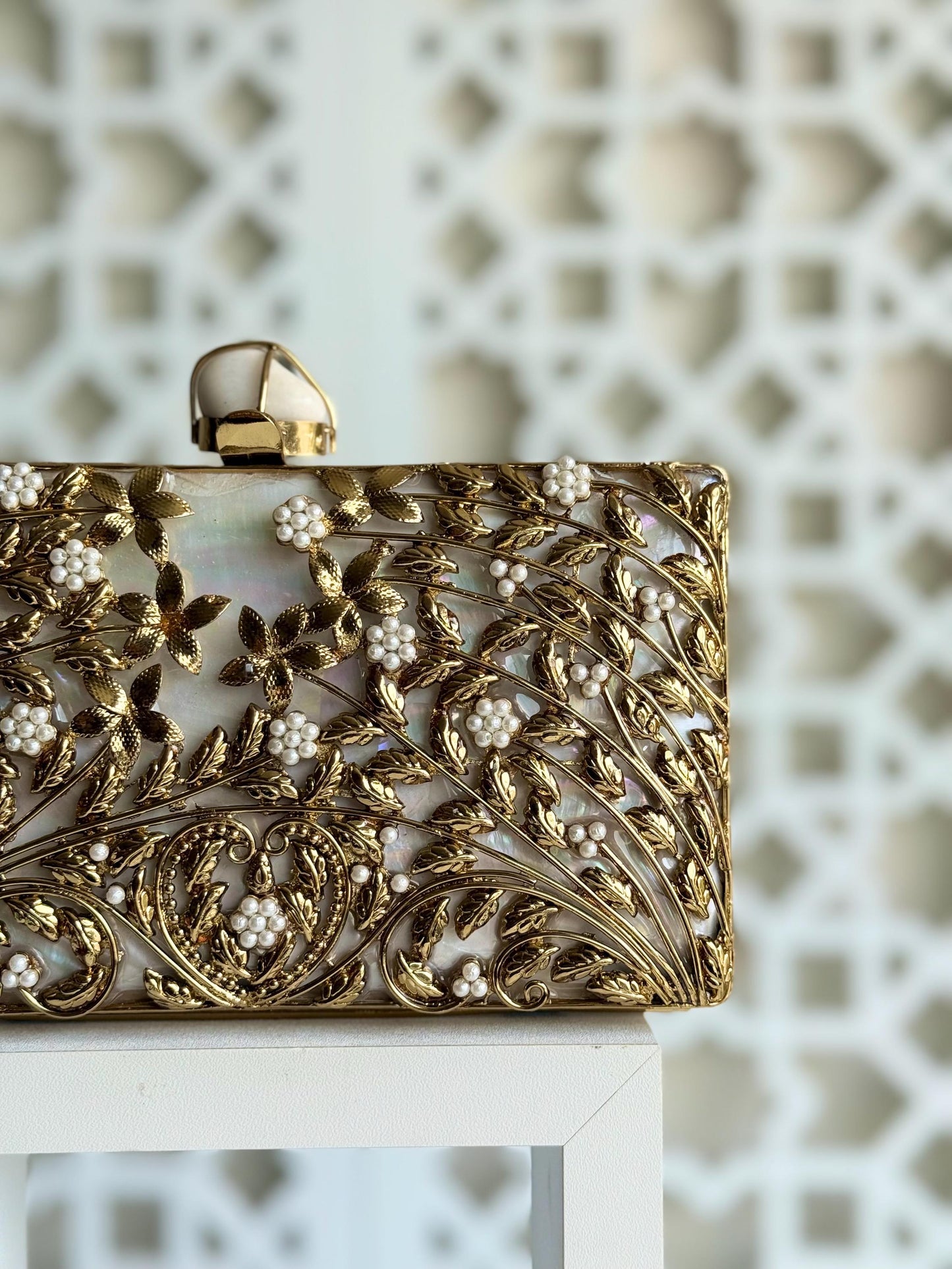 MELBOURNE | Gold Motif Rectangle Clutch Bag Mother of Pearl Evening Purse