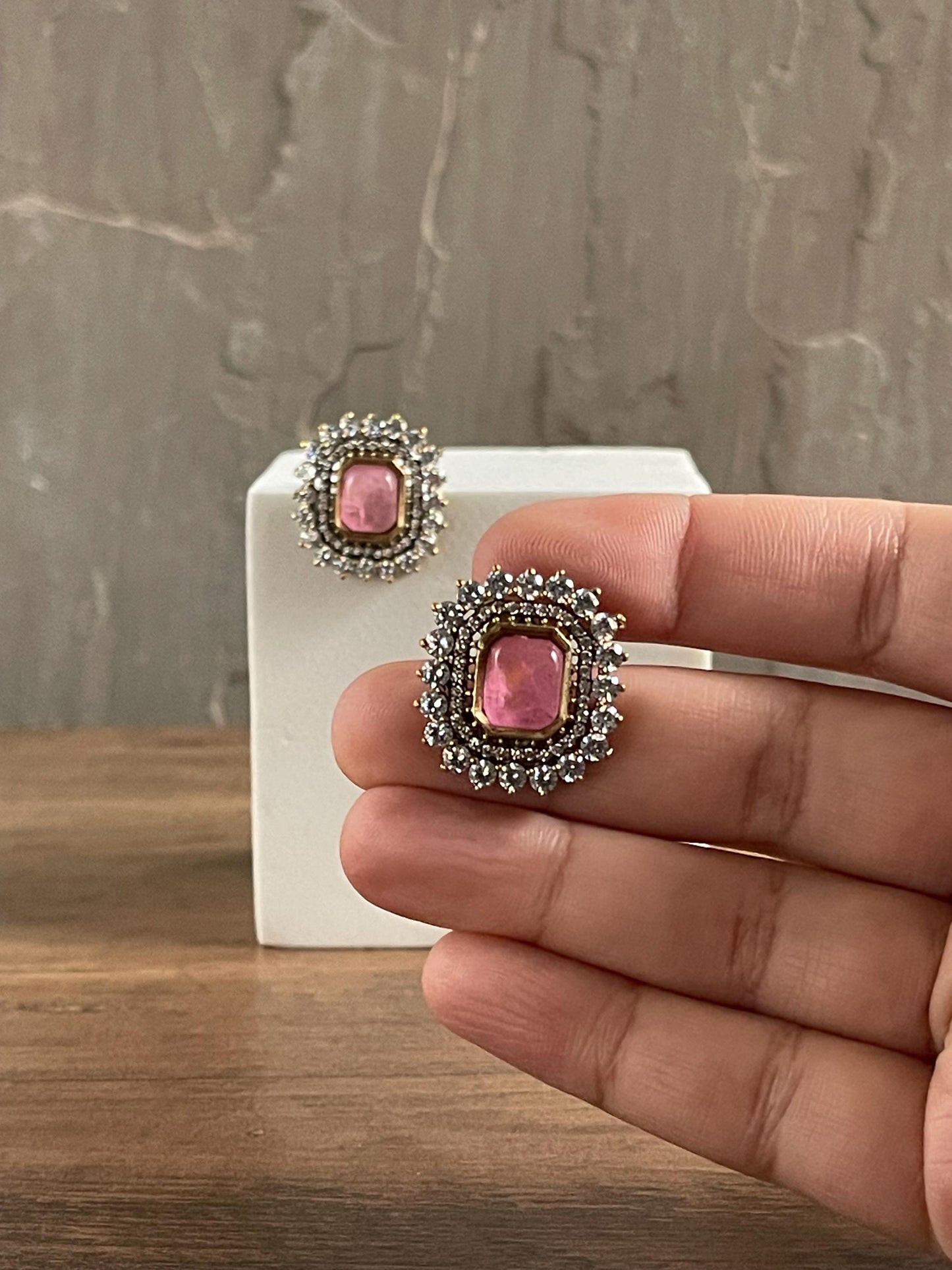 AMY |Pink Statement Stud Earrings: Gold-Plated Brass, CZ Halo
