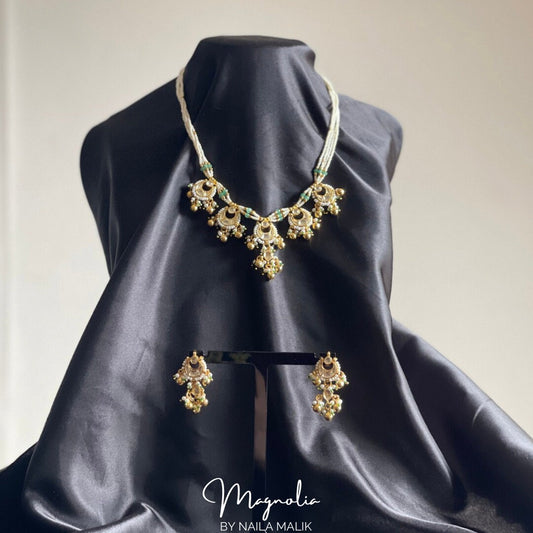 SUKHJOT | White and Gold Necklace and Earrings Indian Jewellery Set Bridal