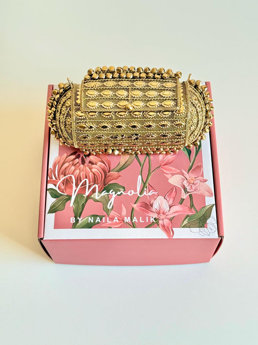 BEN THANH | Antique Golden Cylinder Formal Evening Purse for Weddings | Gift Idea for Her