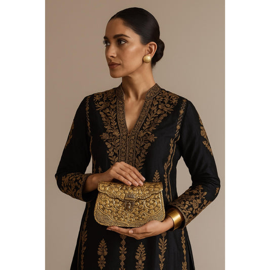 KOLKATA | Vintage Gold Clutch Bag Antique Touch Statement Bridal Trendy Ethnic Unique