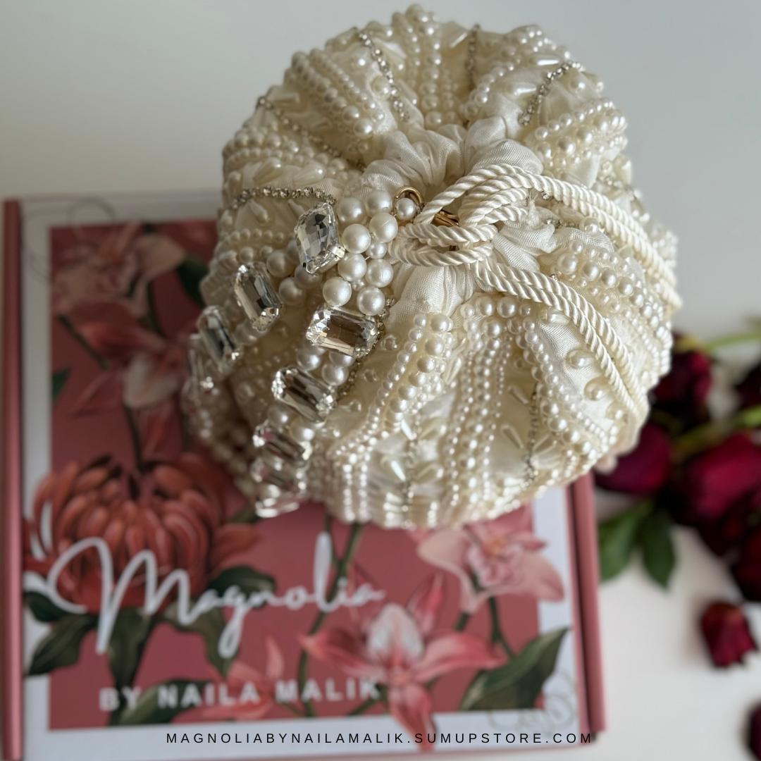 BIKANER | White Cream Potli bag with Bead Work and Crystal Handle | White Wedding Bridal Bag Pouch
