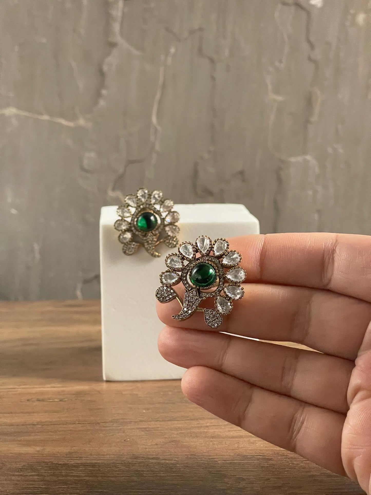 GLORIA | Polki Floral Statement Studs: Crystal & Antique Gold, Red/Pink/Green