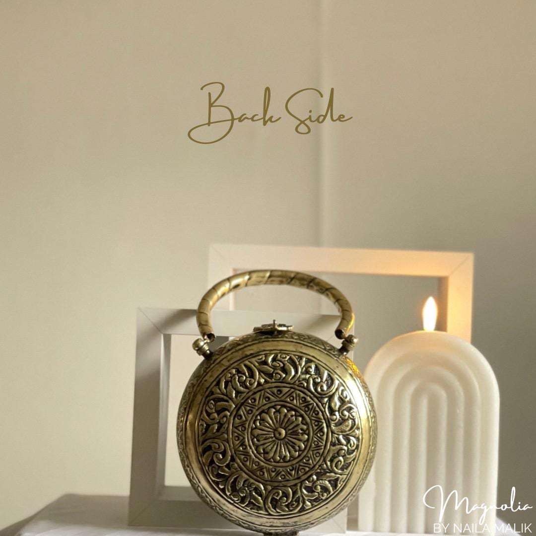 INDORE | Antique Gold Clutch Bag Round Trendy Ethnic Unique