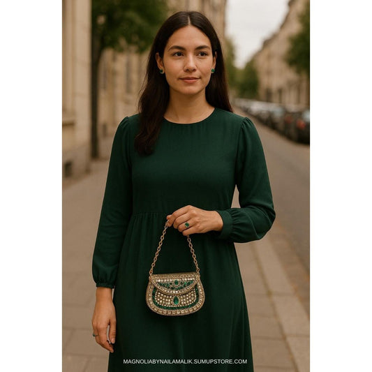 SHIRAZ | Luxury Kundan Clutch | Mini Embellished Minaudière Bag | Indian Wedding Purse | Gold & Green Evening Bag | Handcrafted Bridal Clutch |Ethnic