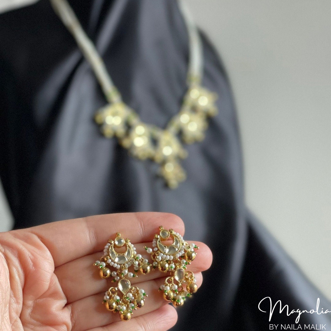 SUKHJOT | White and Gold Necklace and Earrings Indian Jewellery Set Bridal