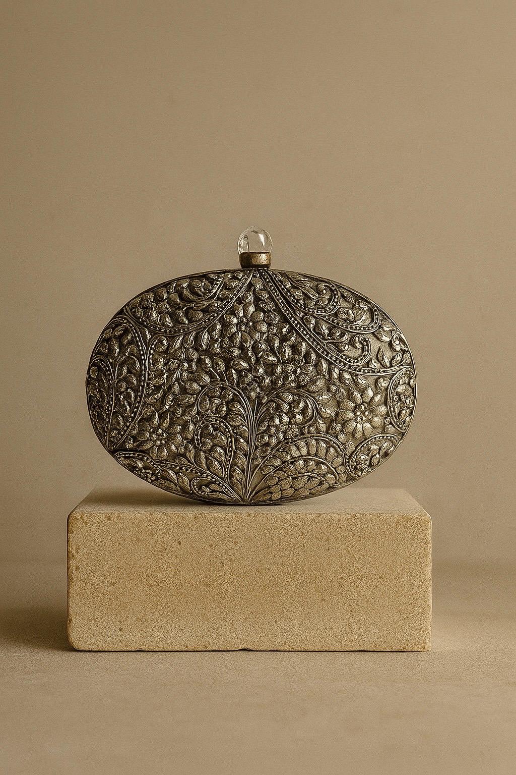 MAEVE | Silver Motif Oval Clutch Bag Mother of Pearl Evening Purse |