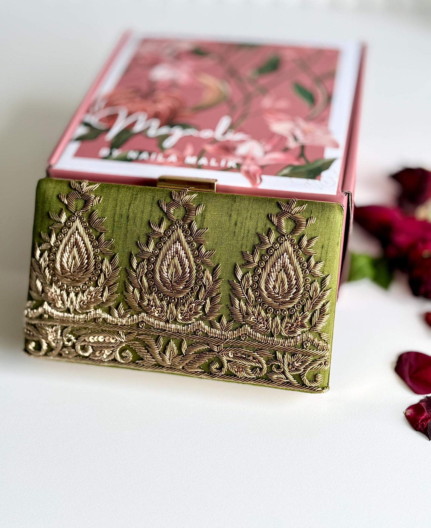 AMARNA | Hand Embellished Olive Green Clutch | Zardozi Dabka Embroidery | Paisley Wedding Clutch | Festive Bridal Purse | Traditional Evening Bag