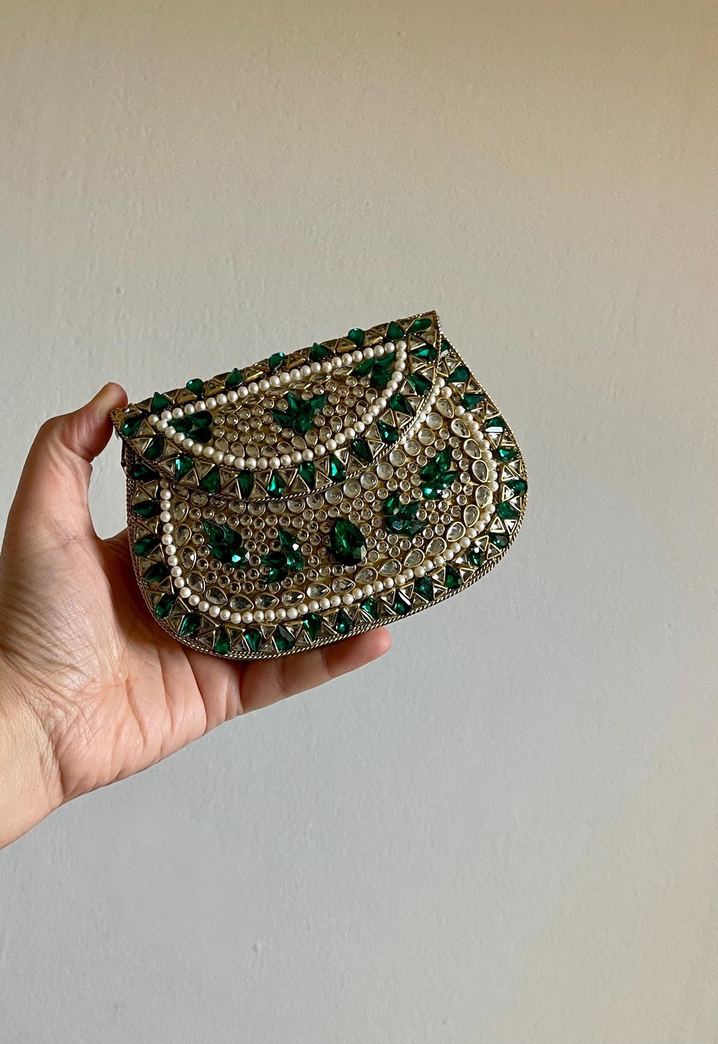 TEHRAN | Gold & Green Evening Bag | Kundan Clutch | Mini Embellished Minaudière Bag |