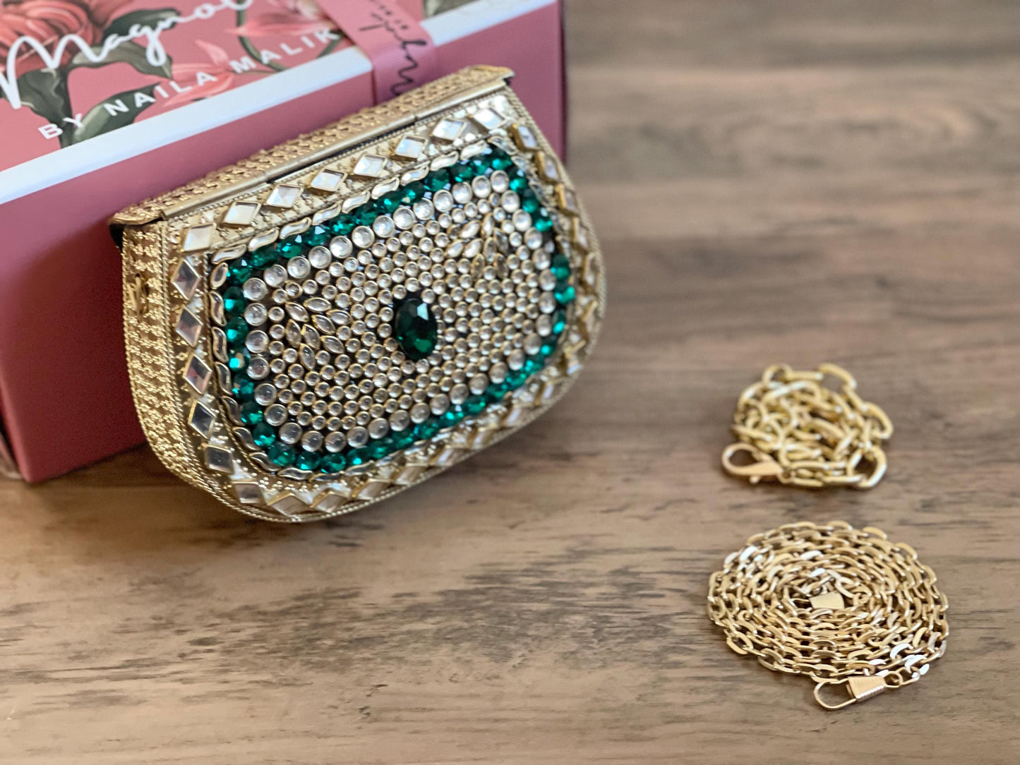SHIRAZ | Luxury Kundan Clutch | Mini Embellished Minaudière Bag | Indian Wedding Purse | Gold & Green Evening Bag | Handcrafted Bridal Clutch |Ethnic