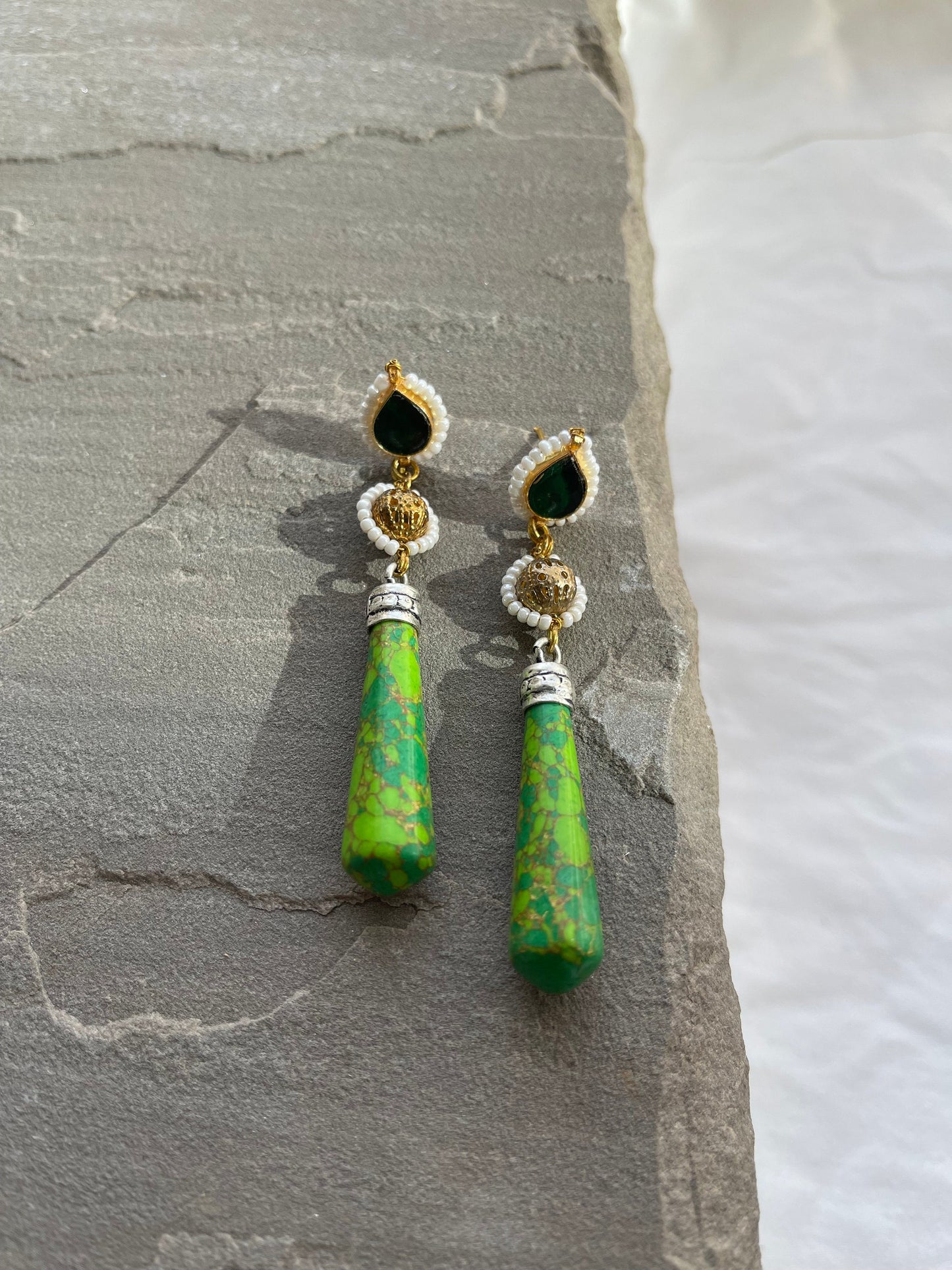 HEBA | Marble Effect Earrings Gold and Green traditional Indian Jewellery