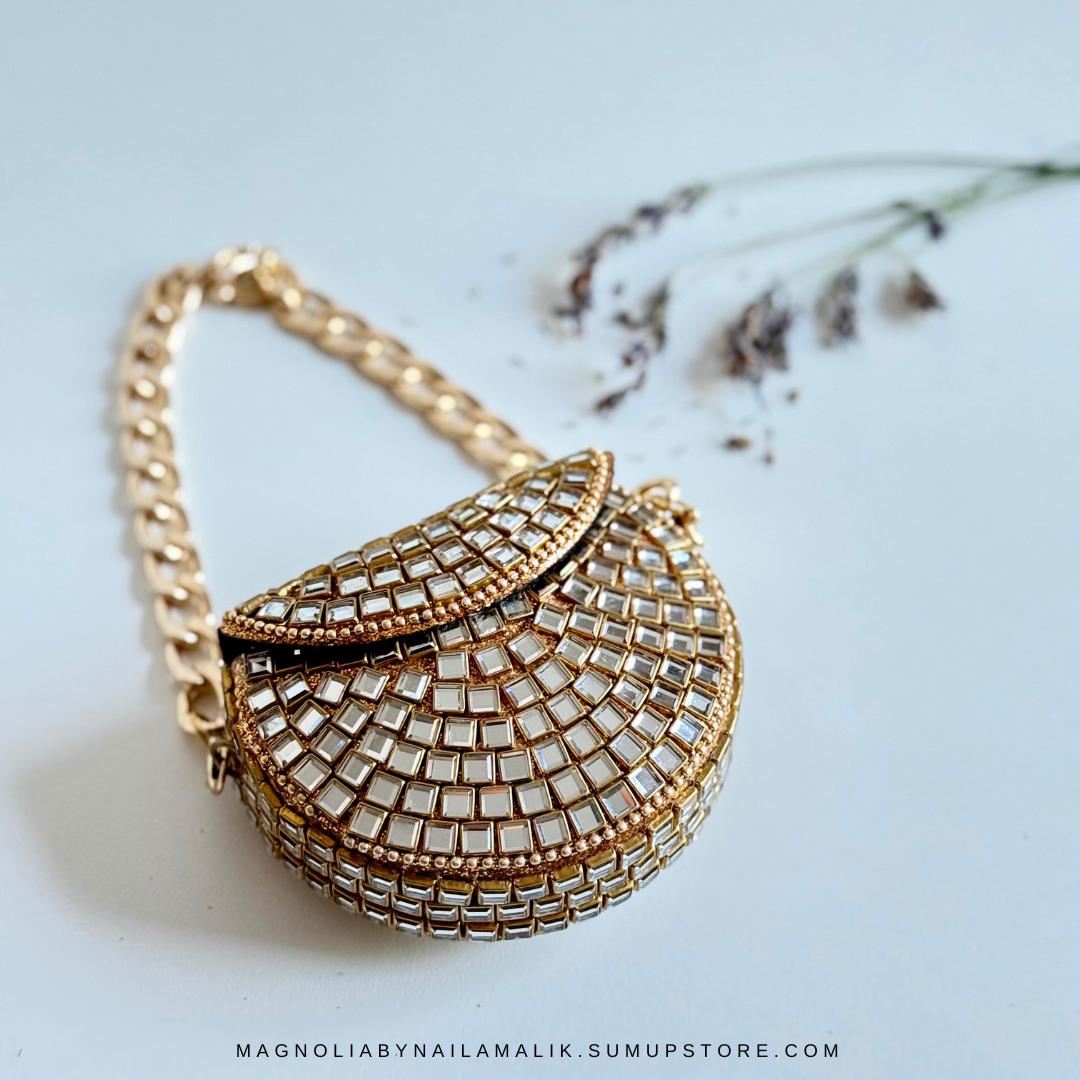 MEENA BAZAAR | Micro Mini Glass Work Kundan Minaudiere Clutch Purse