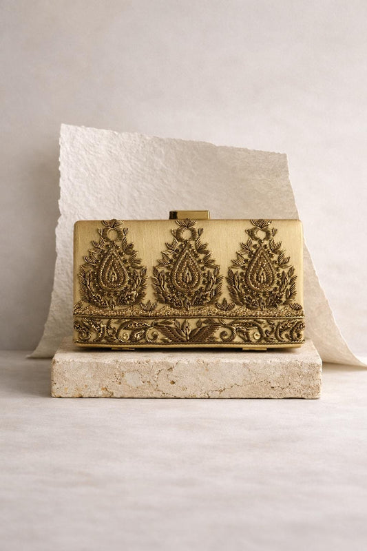 AMARNA | Hand Embellished Light Gold Clutch | Zardozi Dabka Embroidery | Paisley Wedding Clutch | Festive Bridal Purse | Traditional Evening Bag