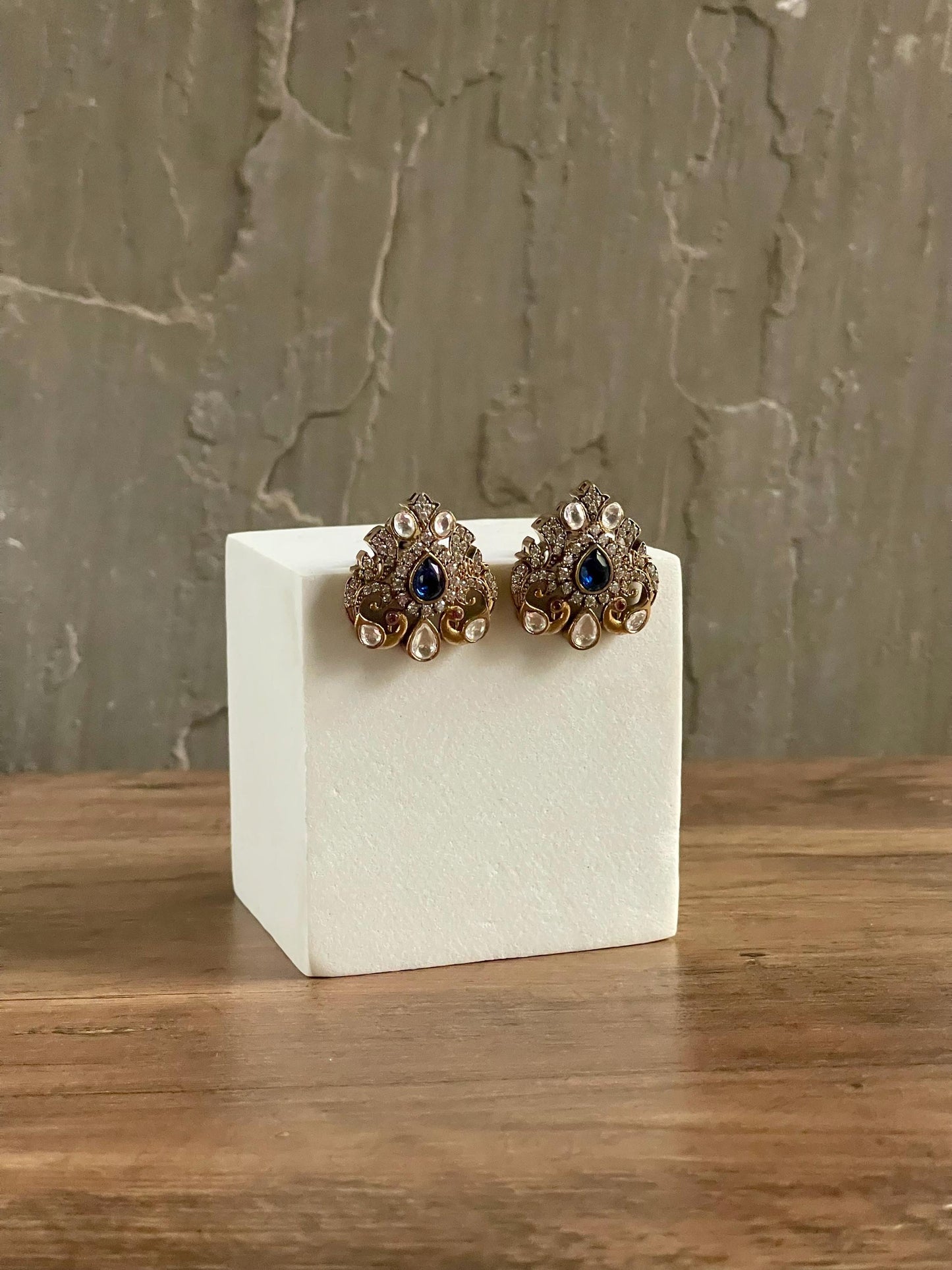 KEEYA | Blue and Antique Gold Oversized Stud Earrings: Keeya Statement Jewelry | Birthday Gift