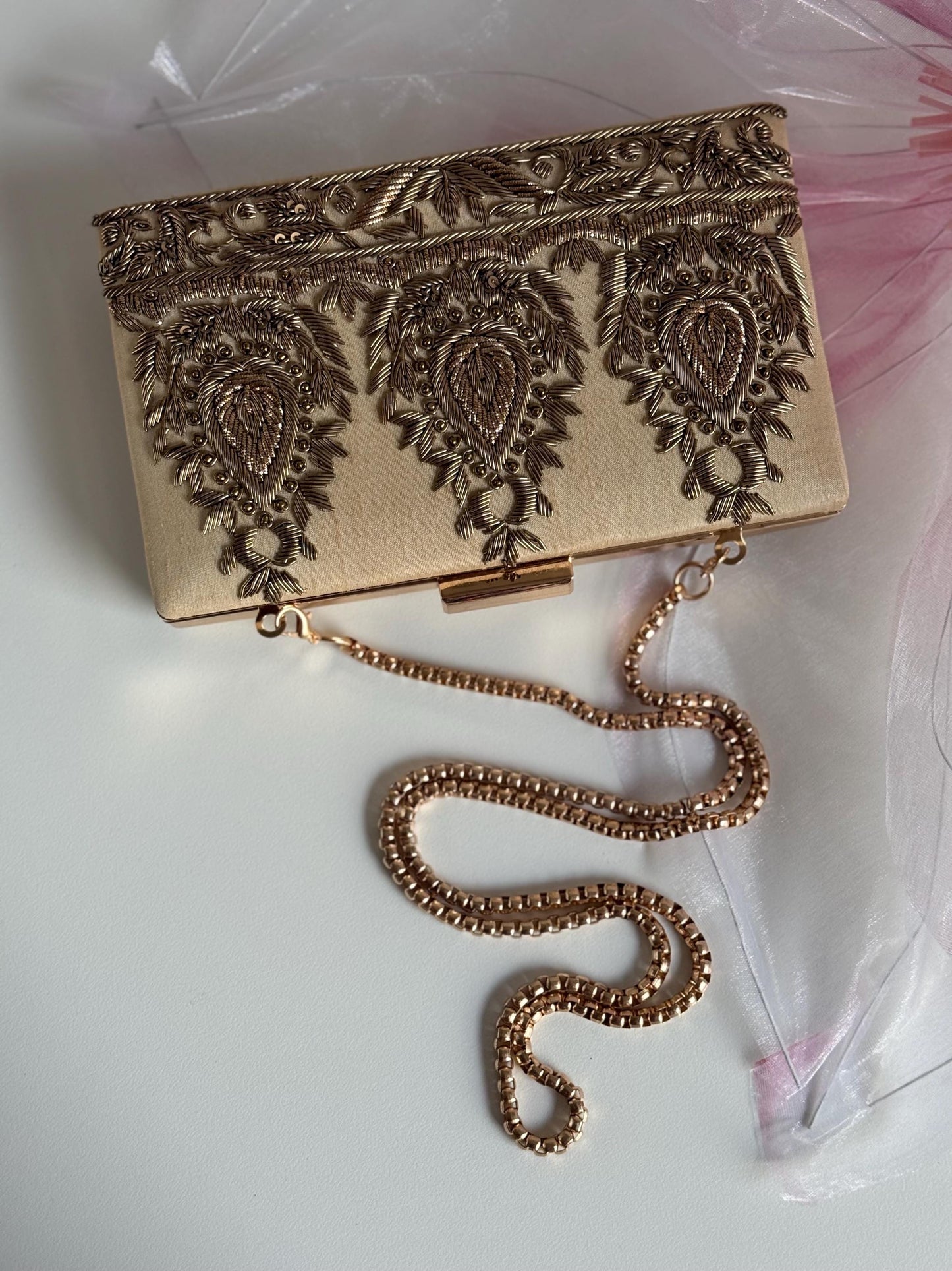 AMARNA | Hand Embellished Light Gold Clutch | Zardozi Dabka Embroidery | Paisley Wedding Clutch | Festive Bridal Purse | Traditional Evening Bag