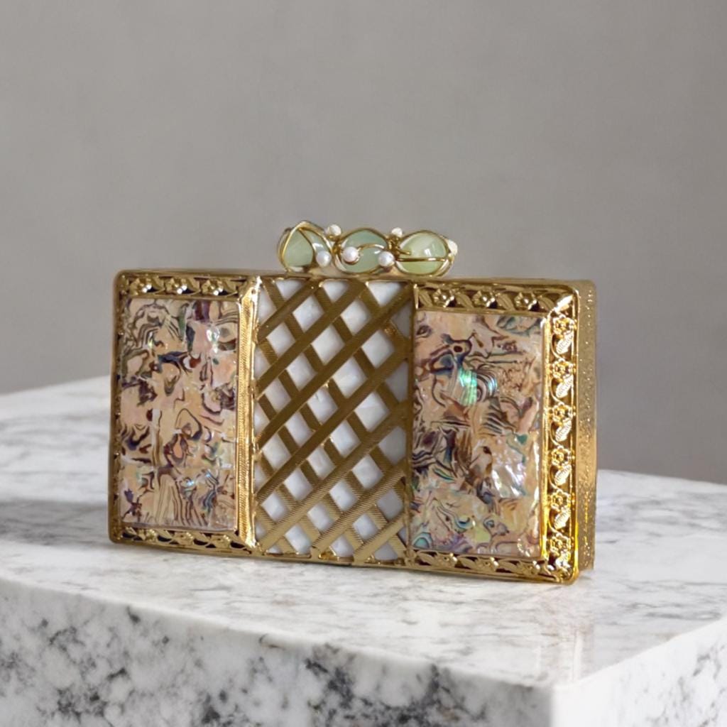 DUBAI | Intricate Gold Evening Clutch: MOP Iridescent Purse